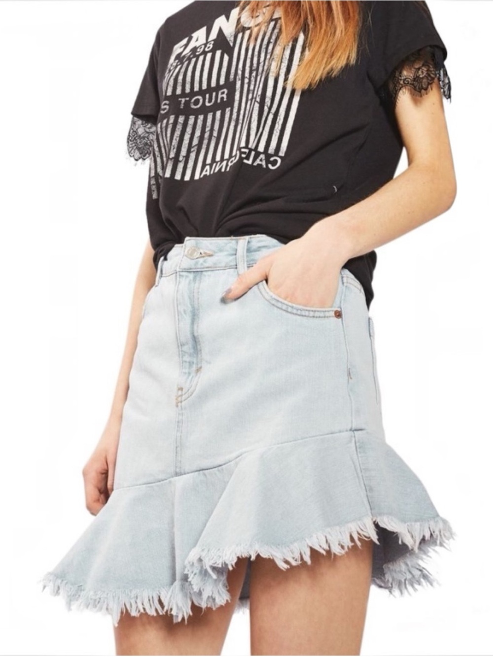 Umgee Asymmetric Ruffle Hem Denim Skirt in Light Wash Size Small